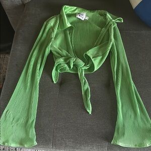Princess Polly Green Ribbed Tie-Front Blouse